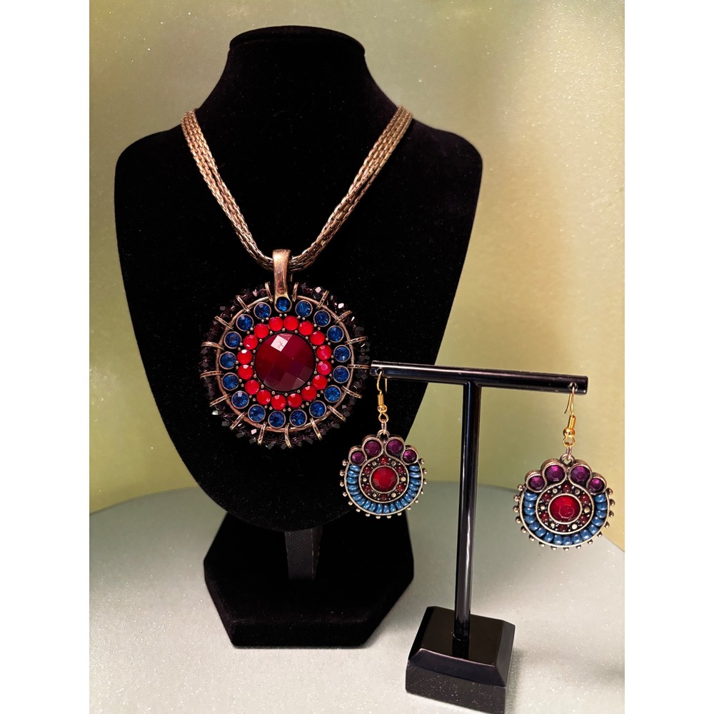 Boho Bronze Tone Red Blue Crystal Statement Pendant Necklace and Earring Set
